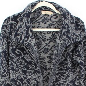 A. Ida $228 Large Wool Blend Navy Gray Filigree Swirl Open Front‎ Tunic Cardigan